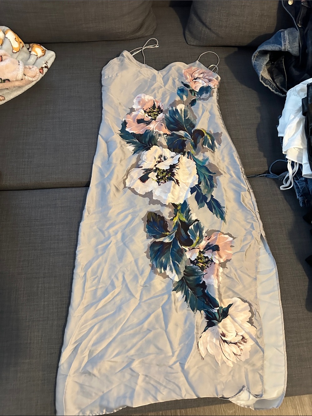 Zara Light Gray Maxi Dress with Blue & Pink Floral Print